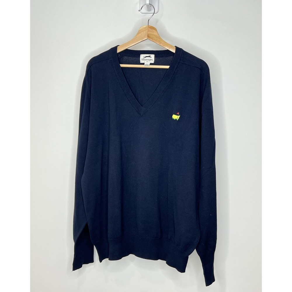 Vintage Slazenger Augusta Masters Sweater Men XL Blue V-Neck Cotton Classic Golf